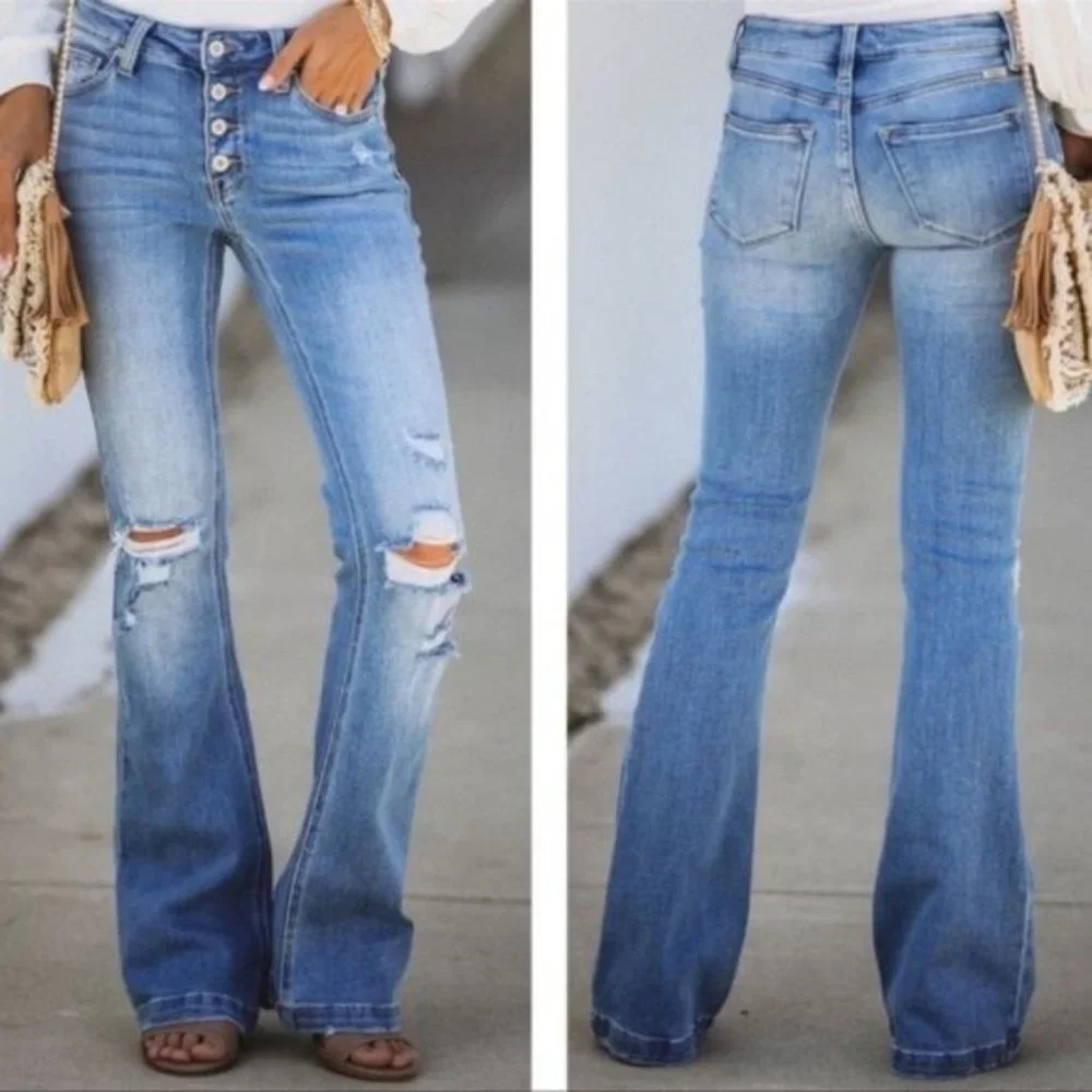 New Kan Can Distressed Button Fly Flare Leg Jeans - Picture 2 of 16